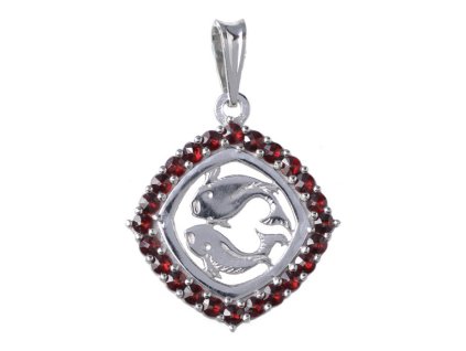 Silver pendant with czech garnet, rhodium plated, zodiac sign - fish                                
