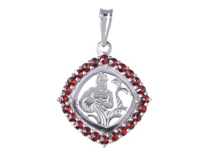 Silver pendant with czech garnet, rhodium plated, zodiac sign - aquarius                            
