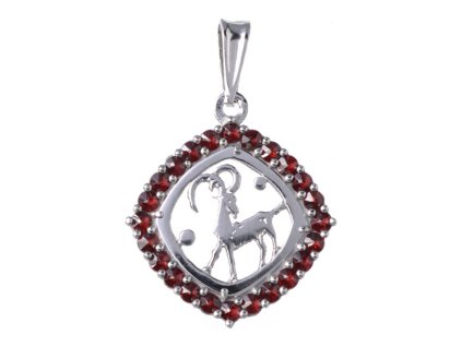 Silver pendant with czech garnet, rhodium plated, zodiac sign - capricorn                           