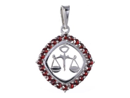 Silver pendant with czech garnet, rhodium plated, zodiac sign - libra                               