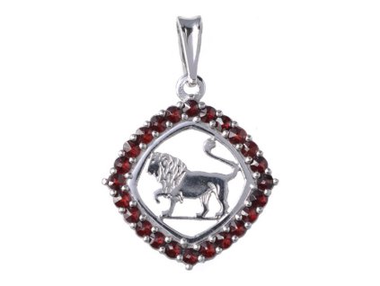 Silver pendant with czech garnet, rhodium plated, zodiac sign - lion                                