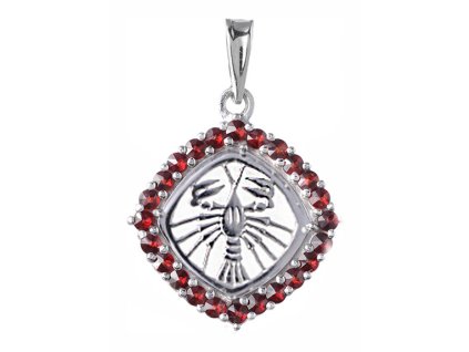 Silver pendant with czech garnet, rhodium plated, zodiac sign - cancer                              