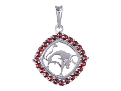 Silver pendant with czech garnet, rhodium plated, zodiac sign - bull                                