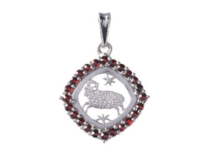 Silver pendant with czech garnet, rhodium plated, zodiac sign - aries                               