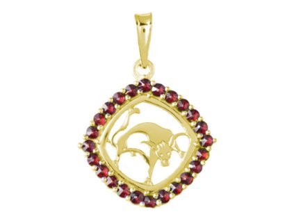 Silver pendant with czech garnet, gold plated, zodiac sign - bull                                   