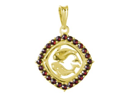Silver pendant with czech garnet, gold plated, zodiac sign - fish                                   