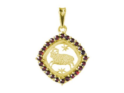 Silver pendant with czech garnet, gold plated, zodiac sign - aries                                  