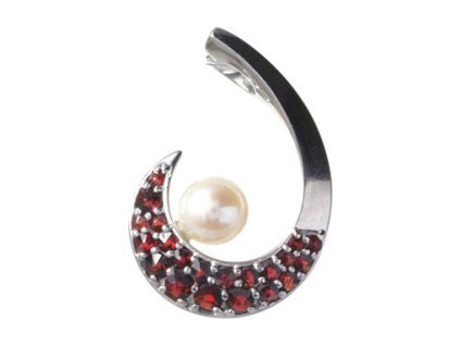Silver pendant with czech garnet and pearl, rhodium plated - spiral                                 