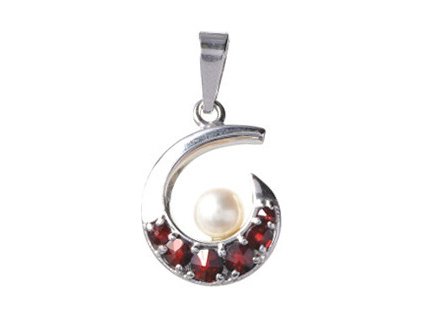 Silver pendant with czech garnet and pearl, rhodium plated - spiral                                 