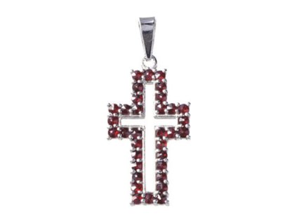 Silver pendant with czech garnet, rhodium plated - cross                                            