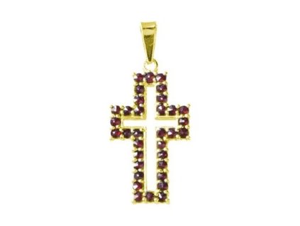 Silver pendant with czech garnet, gold plated - cross                                               