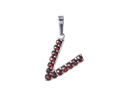 Silver pendant with czech garnet, rhodium plated - letter V                                         