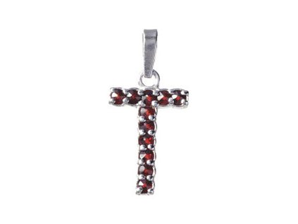 Silver pendant with czech garnet, rhodium plated - letter T                                         