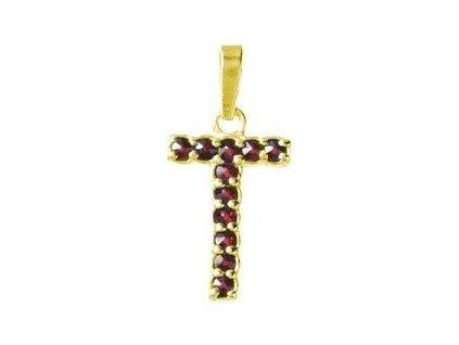 Silver pendant with czech garnet, gold plated - letter T                                            