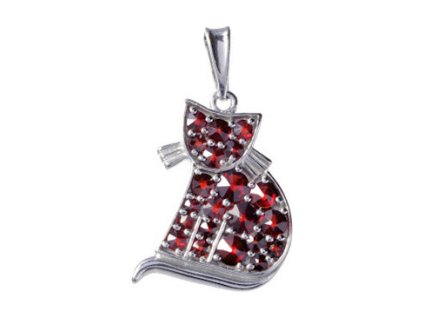 Silver pendant with czech garnet, rhodium plated, animal - cat                                      