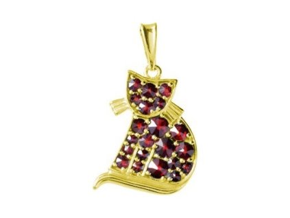 Silver pendant with czech garnet, gold plated, animal - cat                                         
