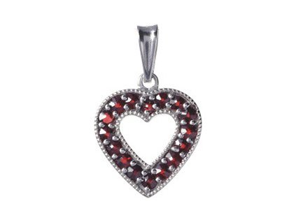 Silver pendant with czech garnet, rhodium plated - heart                                            