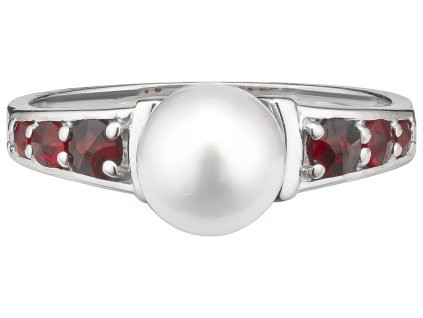 Silver ring with czech garnet and pearl, rhodium plated                                             