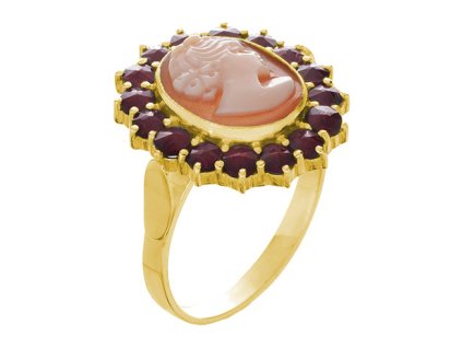 Silver ring with czech garnet and cameo, gold plated - oval                                         