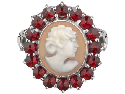 Stříbrný prsten s českým granátem a kamejí, rhodiovaný - ovál