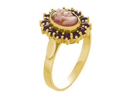 Silver ring with czech garnet and cameo, gold plated - oval                                         