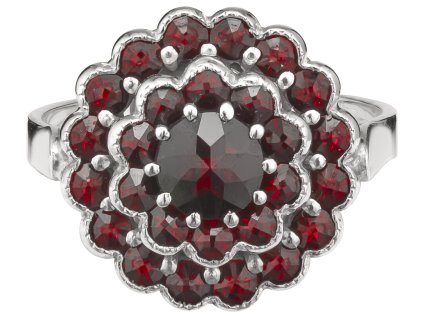 Silver ring with czech garnet, rhodium plated - flower                                              
