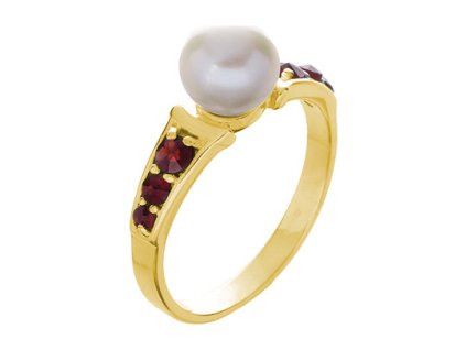 Silver ring with czech garnet and pearl, gold plated                                                