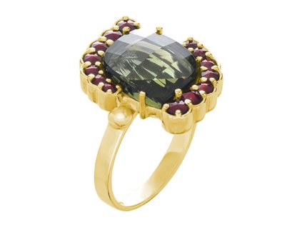 Silver ring with czech garnet and moldavite, gold plated - rectangle                                