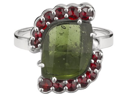 Silver ring with czech garnet and moldavite, rhodium plated - rectangle                             