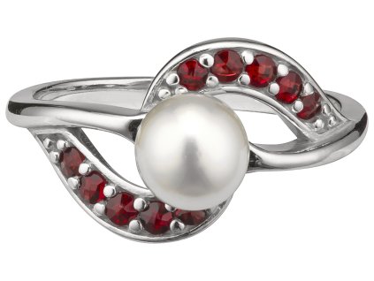 Silver ring with czech garnet and pearl, rhodium plated - wave                                      