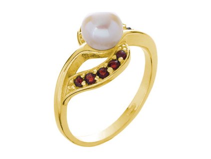 Silver ring with czech garnet and pearl, gold plated - wave                                         