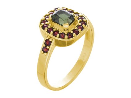 Silver ring with czech garnet and moldavite, gold plated - rectangle                                