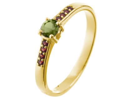 Silver ring with czech garnet and moldavite, gold plated - line                                     