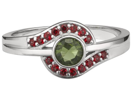 Silver ring with czech garnet and moldavite, rhodium plated                                         