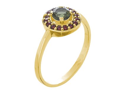Silver ring with czech garnet and moldavite, gold plated - circle                                   
