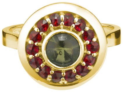 Silver ring with czech garnet and moldavite, gold plated - circle                                   
