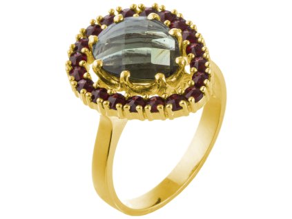 Silver ring with czech garnet and moldavite, gold plated - drop                                     