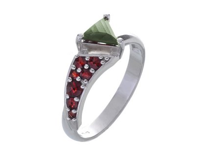 Silver ring with czech garnet and moldavite, rhodium plated - triangle                              