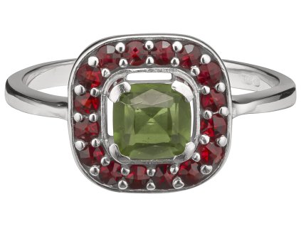 Silver ring with czech garnet and moldavite, rhodium plated - square                                
