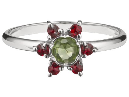 Silver ring with czech garnet and moldavite, rhodium plated - flower                                