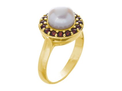 Silver ring with czech garnet and pearl, gold plated - circle                                       