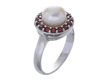 Silver ring with czech garnet and pearl, rhodium plated - circle                                    