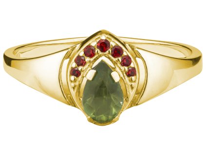 Silver ring with czech garnet and moldavite, gold plated - drop                                     