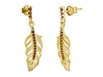 Silver earrings with czech garnet, gold plated - feather                                            