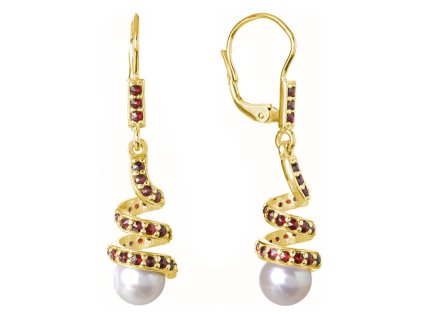 Silver earrings with czech garnet and pearl, gold plated - spiral                                   