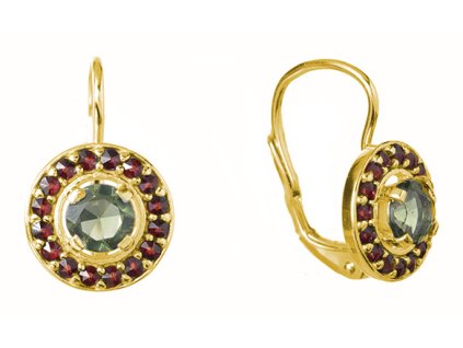 Silver earrings with czech garnet and moldavite, gold plated - circle                               