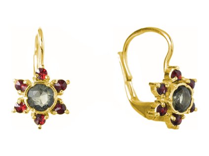 Silver earrings with czech garnet and moldavite, gold plated - flower                               