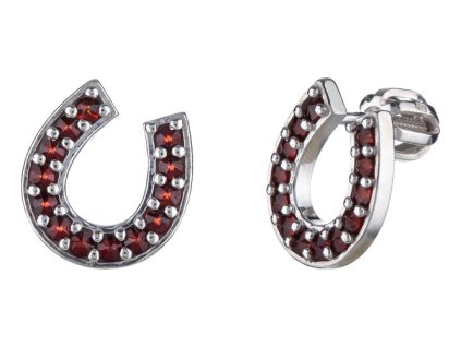 Silver earrings with czech garnet, rhodium plated - horseshoe                                       