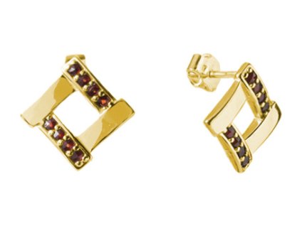 Silver earrings with czech garnet, gold plated - square                                             