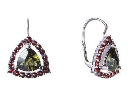 Silver earrings with czech garnet and moldavite, rhodium plated - triangle                          